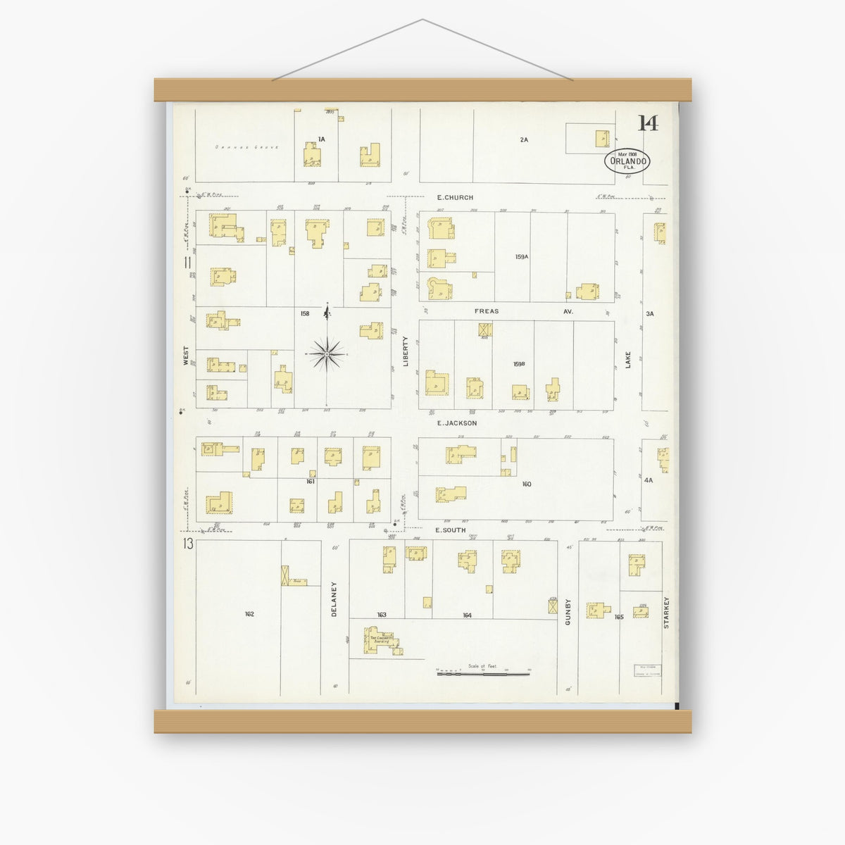 Old map wall art mockup — magnetic wood frame on white wall — Sanborn Fire Insurance Map from Orlando, Orange County, Florida (1908), Sheet #0014