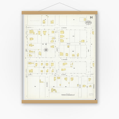 Old map wall art mockup — magnetic wood frame on white wall — Sanborn Fire Insurance Map from Orlando, Orange County, Florida (1908), Sheet #0014