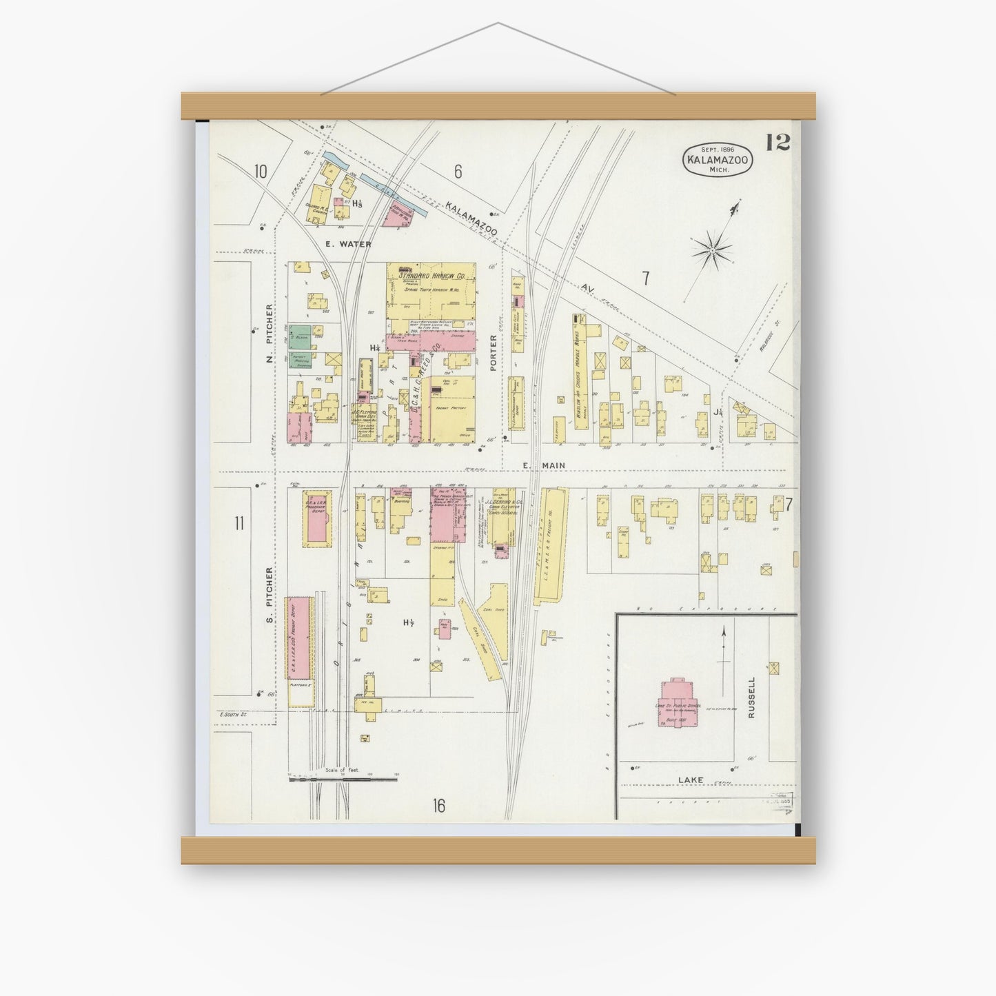 Old map wall art mockup — magnetic wood frame on white wall — Sanborn Fire Insurance Map from Kalamazoo, Kalamazoo County, Michigan (1896), Sheet #0012