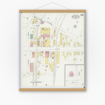 Old map wall art mockup — magnetic wood frame on white wall — Sanborn Fire Insurance Map from Kalamazoo, Kalamazoo County, Michigan (1896), Sheet #0012