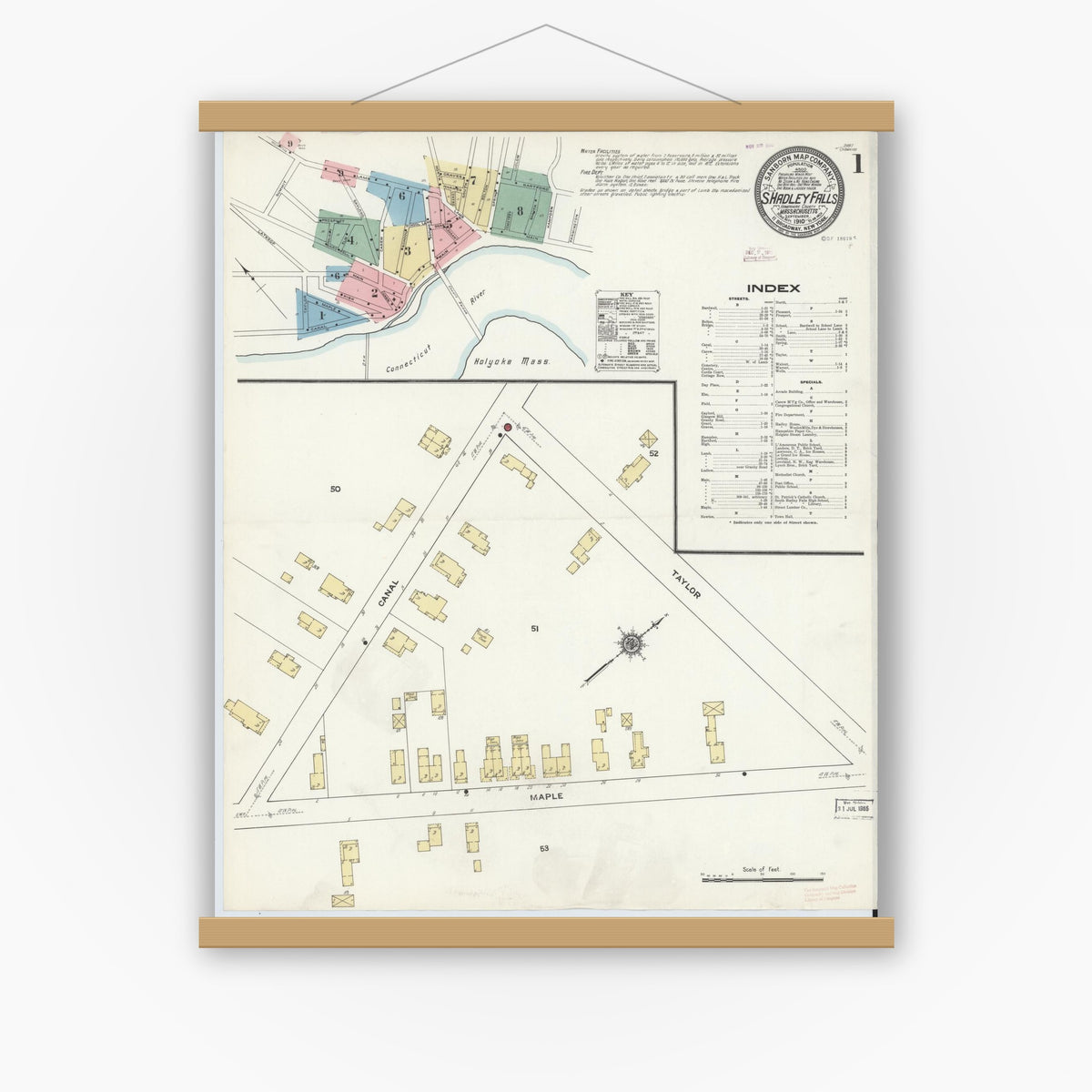Old map wall art mockup — magnetic wood frame on white wall — Sanborn Fire Insurance Map from South Hadley Falls, Hampshire County, Massachusetts (1910) - Complete Map Set