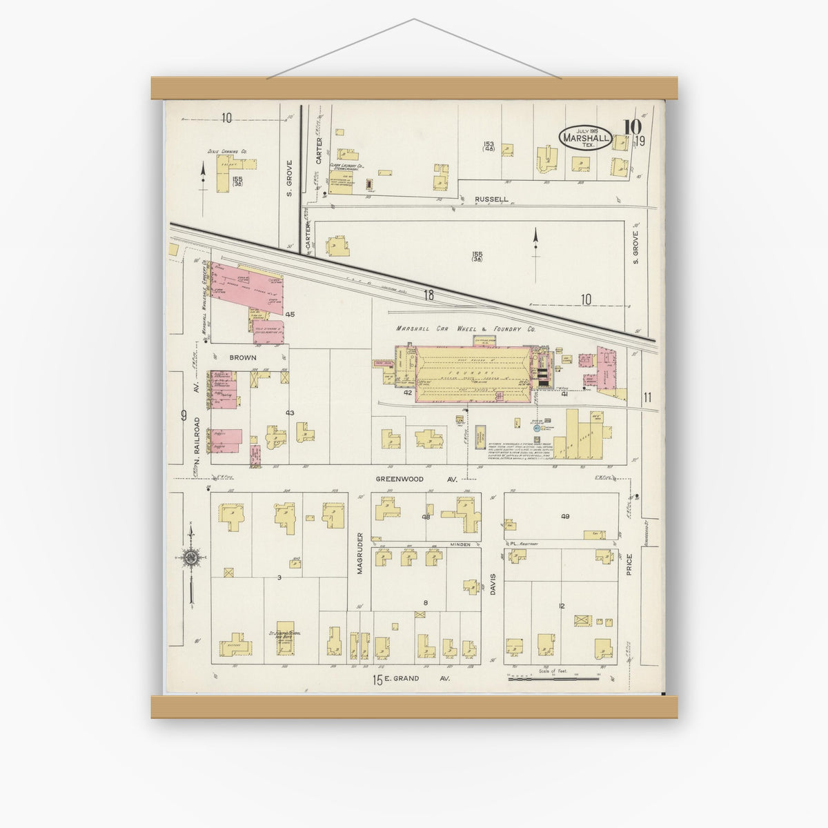 Old map wall art mockup — magnetic wood frame on white wall — Sanborn Fire Insurance Map from Marshall, Harrison County, Texas (1915), Sheet #0010