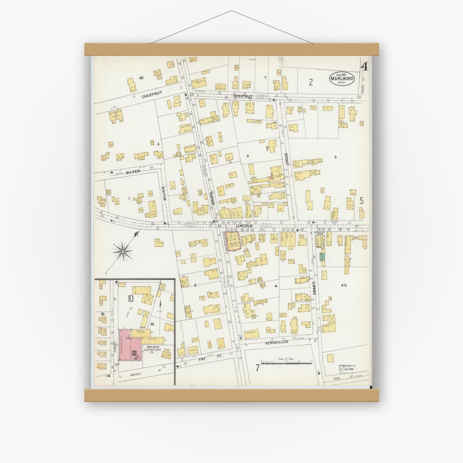Old map wall art mockup — magnetic wood frame on white wall — Sanborn Fire Insurance Map from Marlborough, Middlesex County, Massachusetts (1901), Sheet #0004