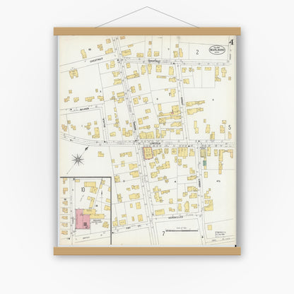 Old map wall art mockup — magnetic wood frame on white wall — Sanborn Fire Insurance Map from Marlborough, Middlesex County, Massachusetts (1901), Sheet #0004