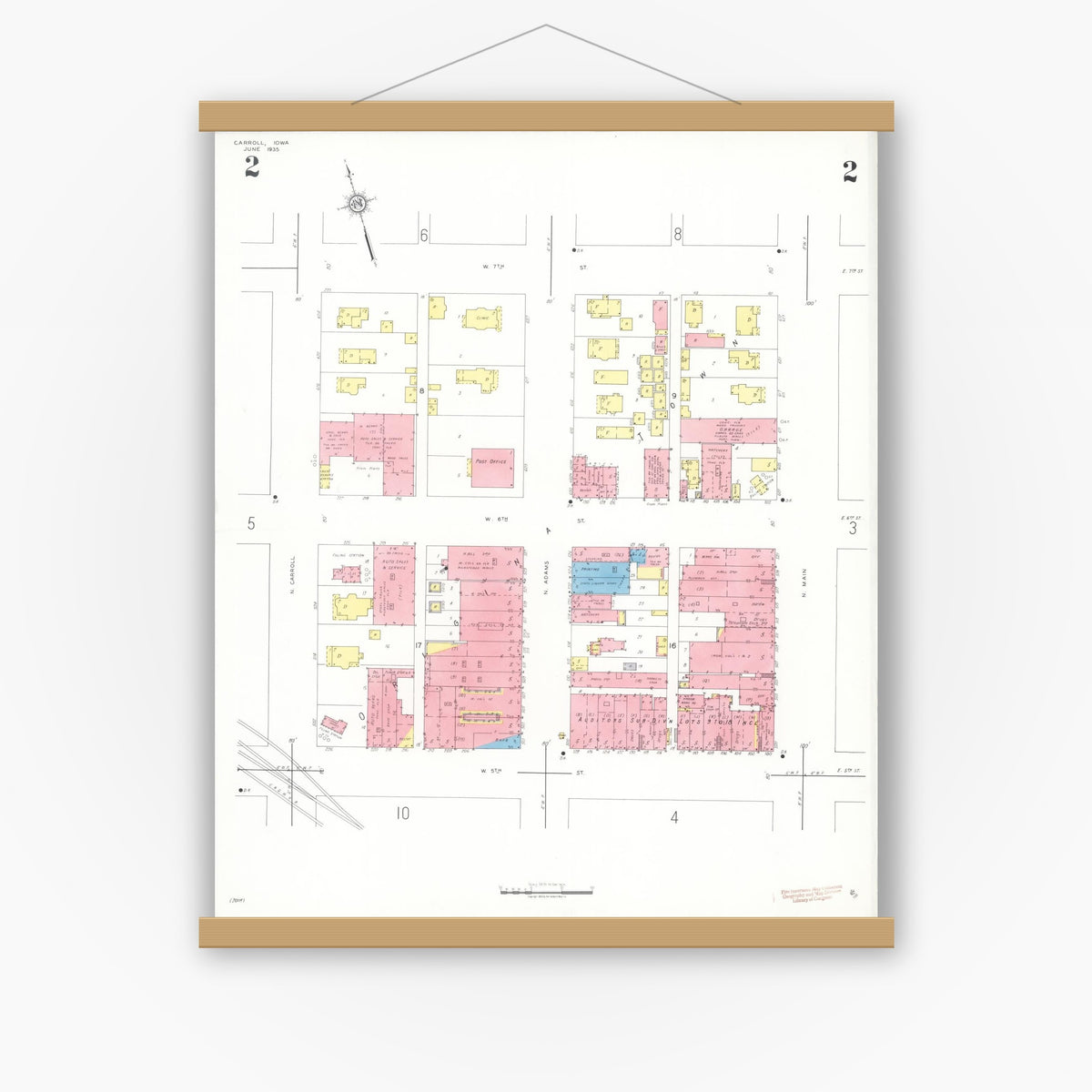 Old map wall art mockup — magnetic wood frame on white wall — Sanborn Fire Insurance Map from Carroll, Carroll County, Iowa (1935), Sheet #0002