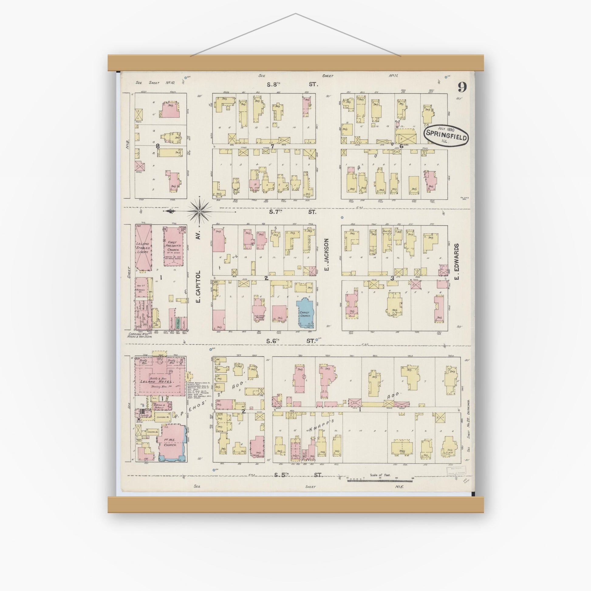 Old map wall art mockup — magnetic wood frame on white wall — Sanborn Fire Insurance Map from Springfield, Sangamon County, Illinois (1890), Sheet #0009