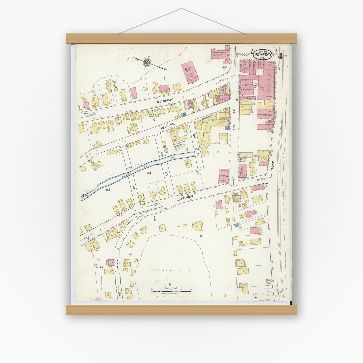 Old map wall art mockup — magnetic wood frame on white wall — Sanborn Fire Insurance Map from Pomeroy, Meigs County, Ohio (1916), Sheet #0004