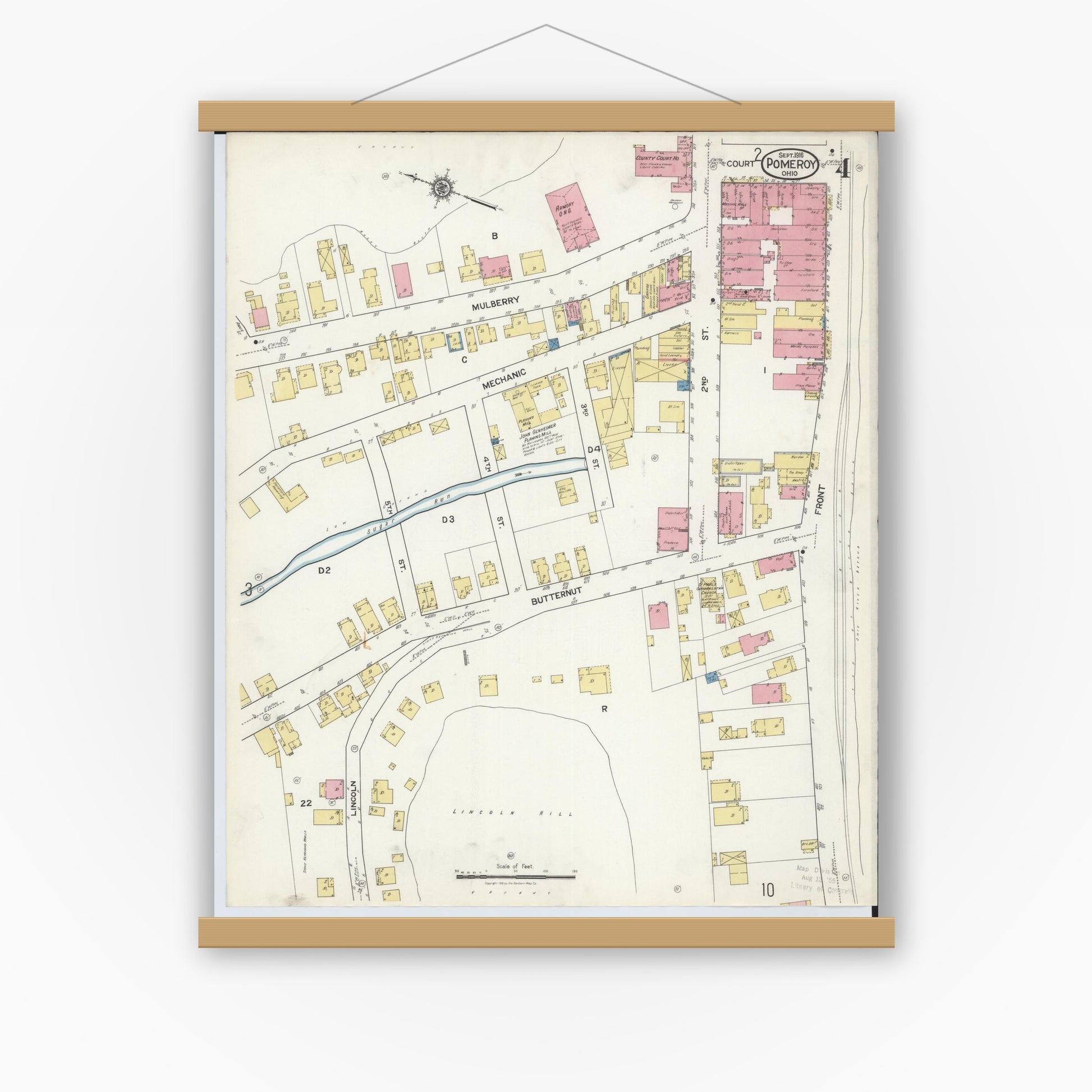 Old map wall art mockup — magnetic wood frame on white wall — Sanborn Fire Insurance Map from Pomeroy, Meigs County, Ohio (1916), Sheet #0004