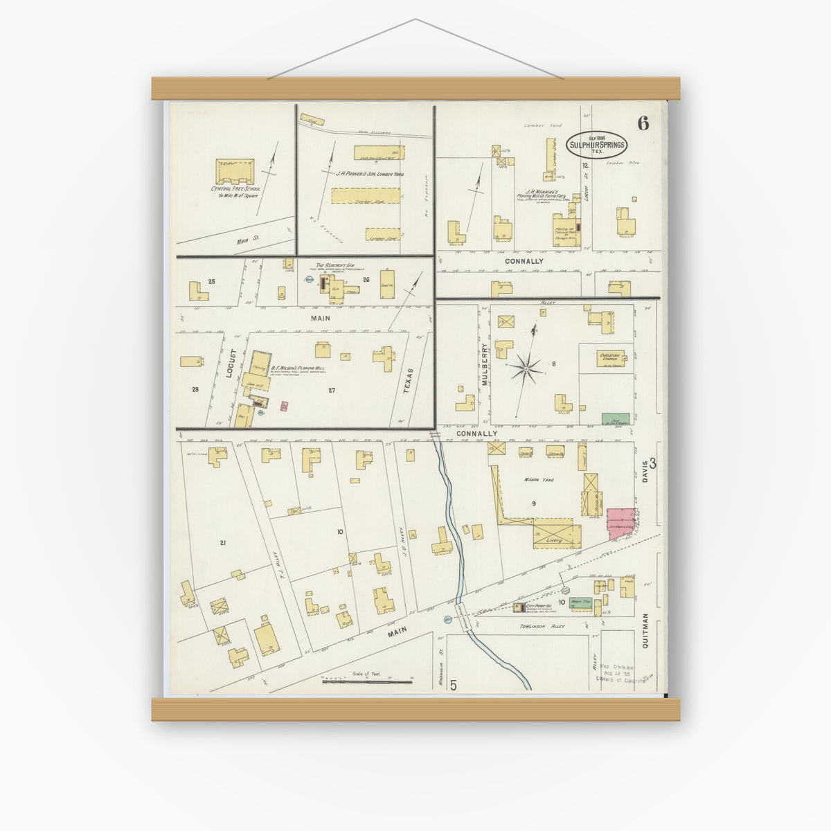 Old map wall art mockup — magnetic wood frame on white wall — Sanborn Fire Insurance Map from Sulphur Springs, Hopkins County, Texas (1898), Sheet #0006