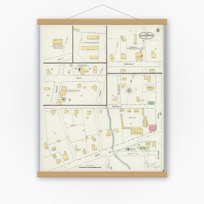 Old map wall art mockup — magnetic wood frame on white wall — Sanborn Fire Insurance Map from Sulphur Springs, Hopkins County, Texas (1898), Sheet #0006