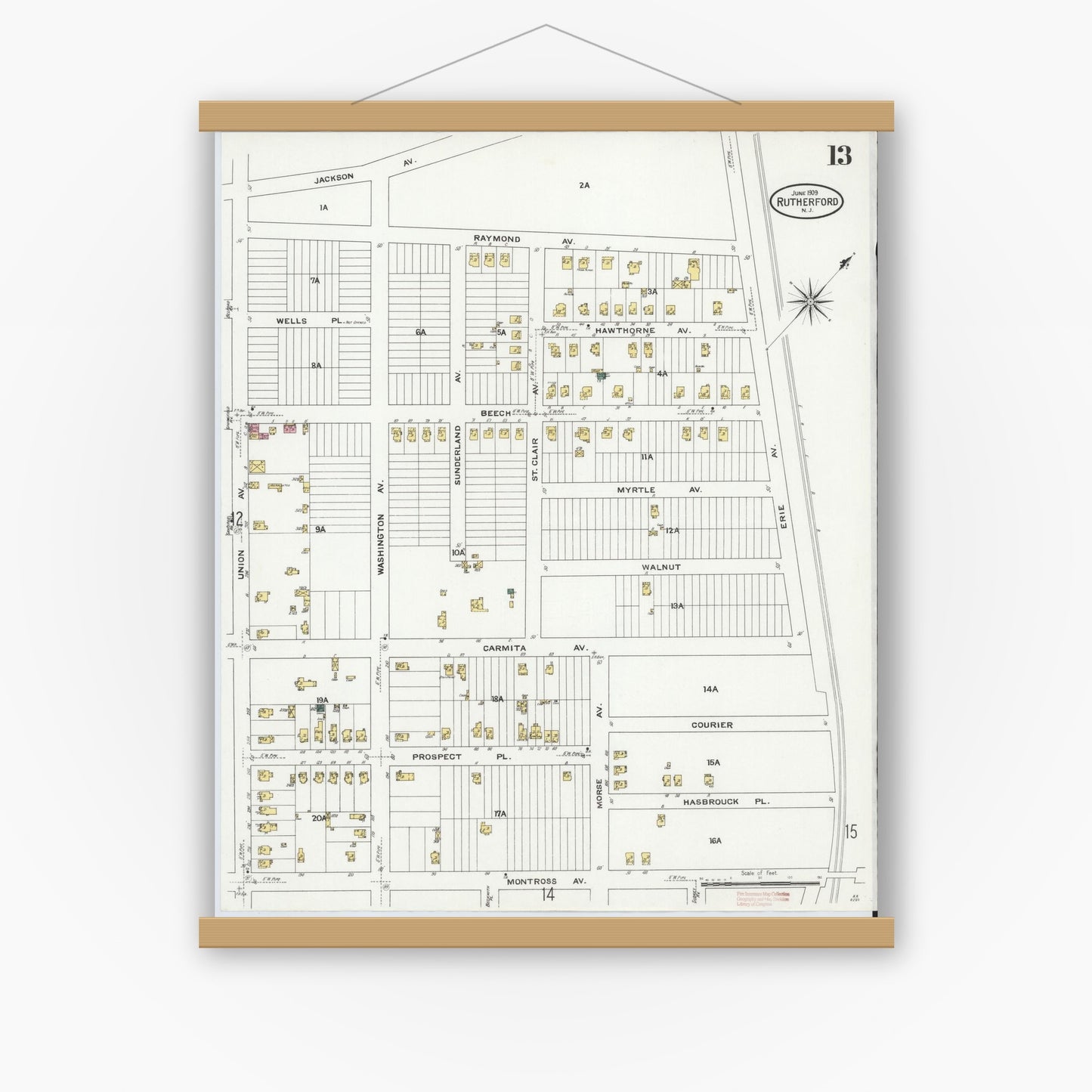Old map wall art mockup — magnetic wood frame on white wall — Sanborn Fire Insurance Map from Rutherford, Bergen County, New Jersey (1909), Sheet #0013