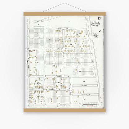Old map wall art mockup — magnetic wood frame on white wall — Sanborn Fire Insurance Map from Rutherford, Bergen County, New Jersey (1909), Sheet #0013