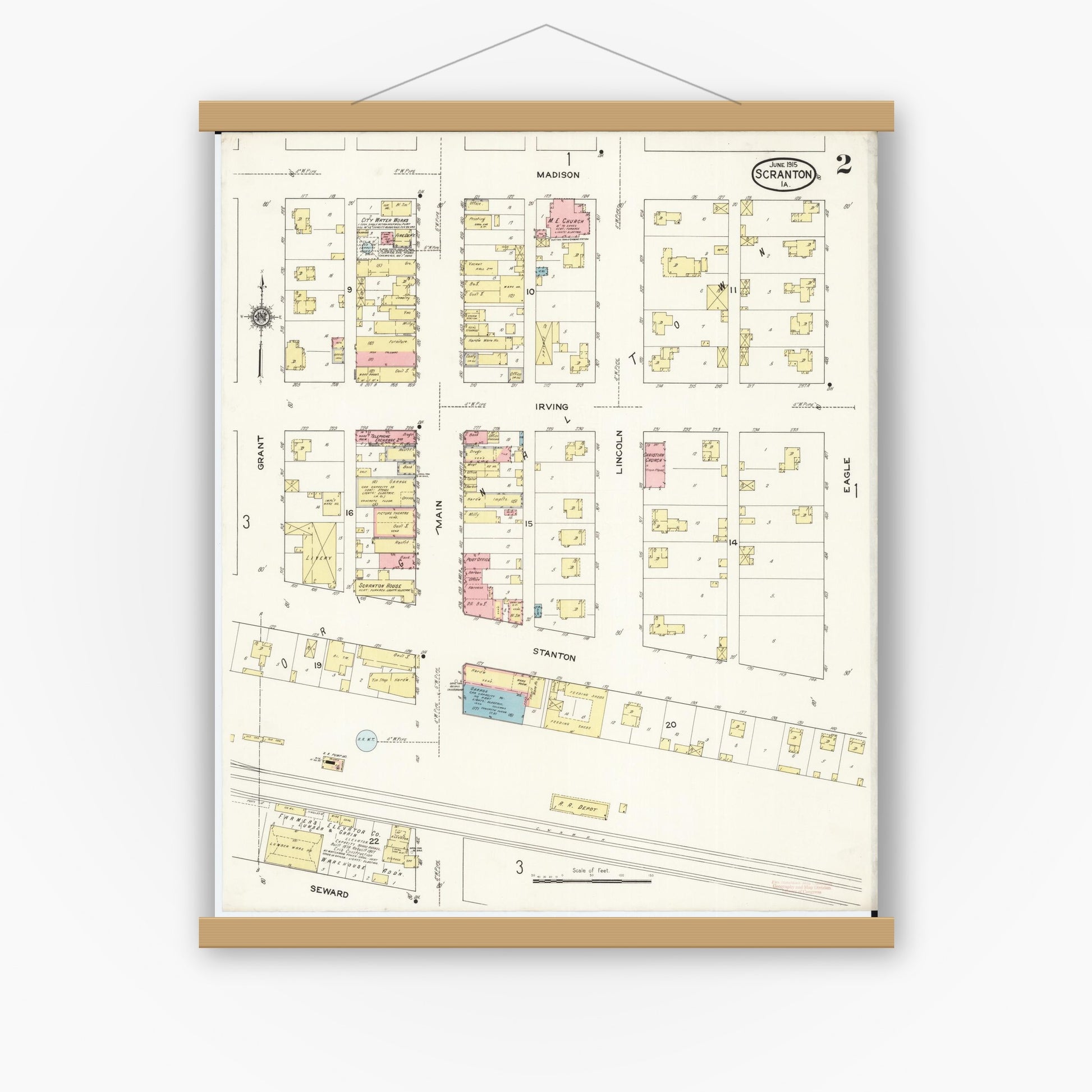 Old map wall art mockup — magnetic wood frame on white wall — Sanborn Fire Insurance Map from Scranton, Greene County, Iowa (1915), Sheet #0002