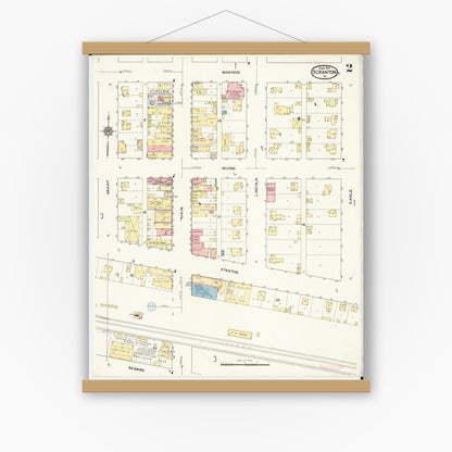 Old map wall art mockup — magnetic wood frame on white wall — Sanborn Fire Insurance Map from Scranton, Greene County, Iowa (1915), Sheet #0002