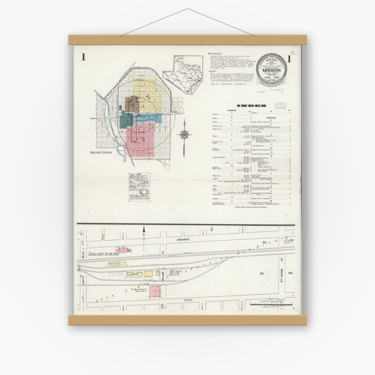 Old map wall art mockup — magnetic wood frame on white wall — Sanborn Fire Insurance Map from Mission, Hidalgo County, Texas (1925), Sheet #0001