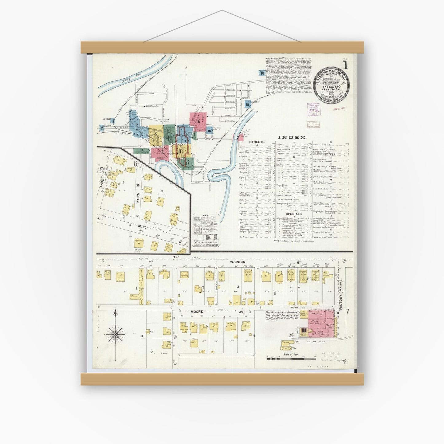 Old map wall art mockup — magnetic wood frame on white wall — Sanborn Fire Insurance Map from Athens, Athens County, Ohio (1907) - Complete Map Set