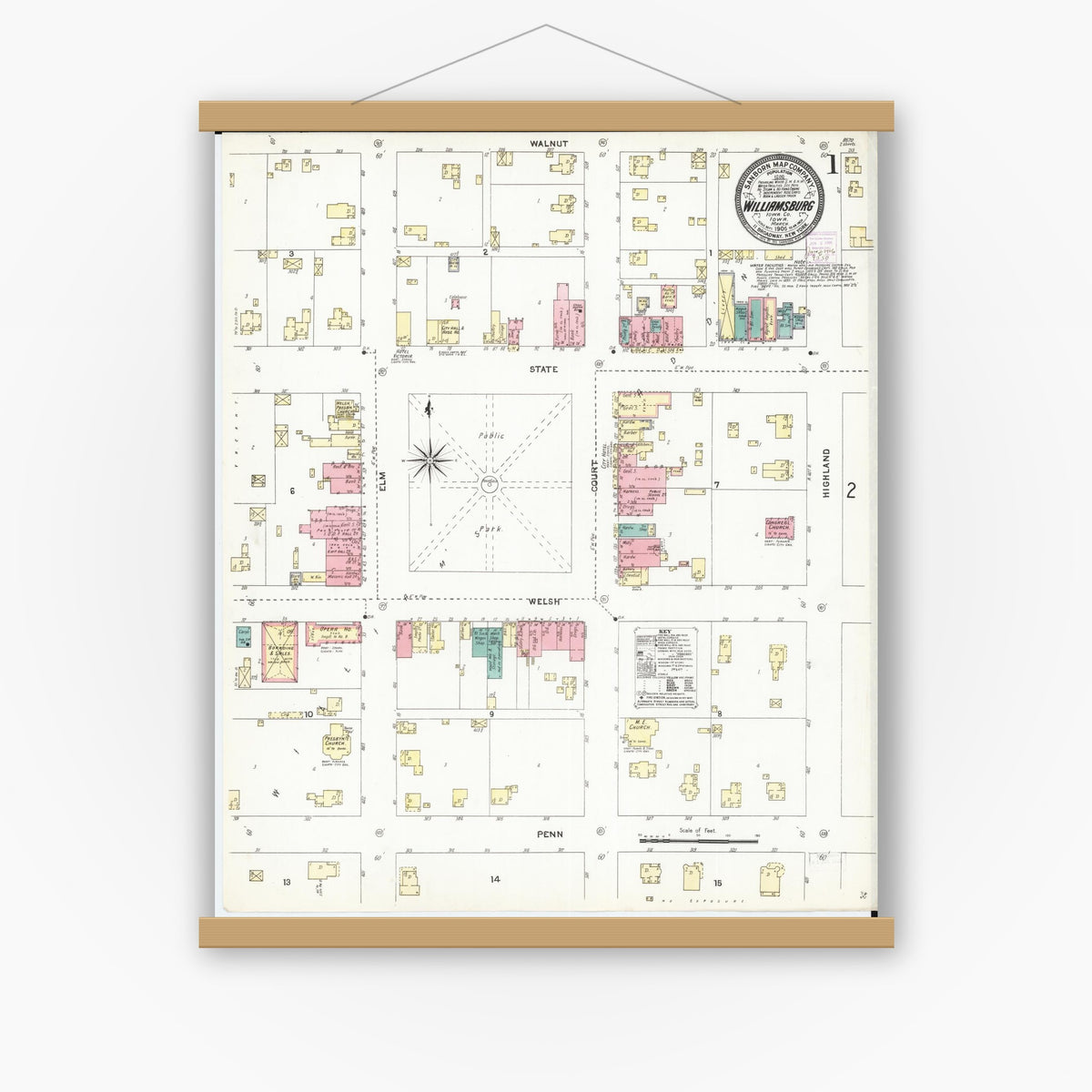Old map wall art mockup — magnetic wood frame on white wall — Sanborn Fire Insurance Map from Williamsburg, Iowa County, Iowa (1906), Sheet #0001