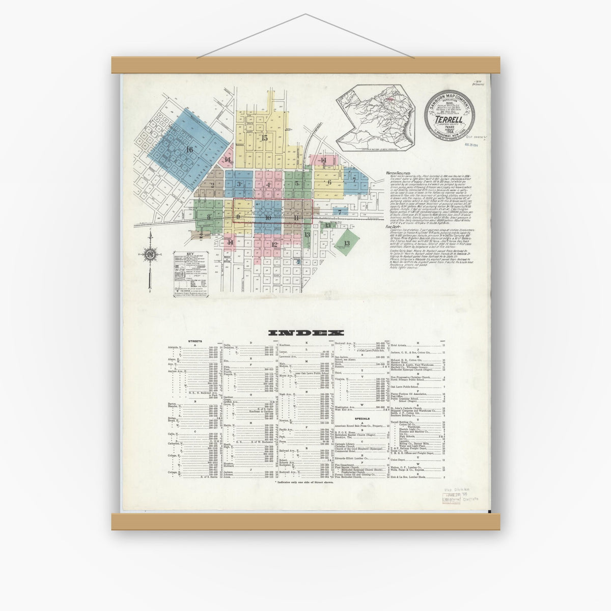 Old map wall art mockup — magnetic wood frame on white wall — Sanborn Fire Insurance Map from Terrell, Kaufman County, Texas (1914) - Complete Map Set