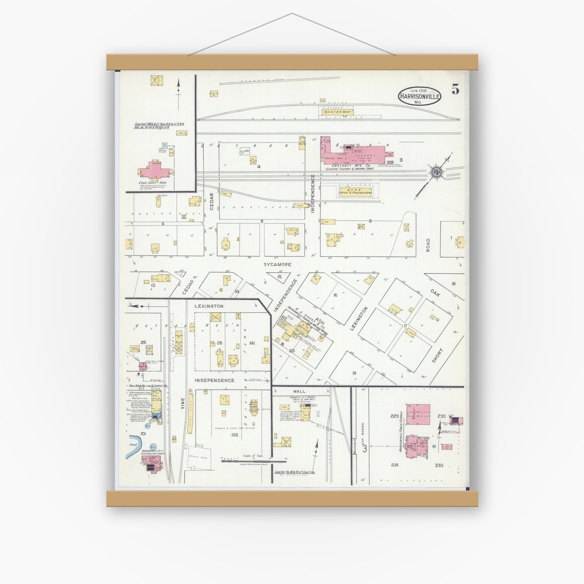 Old map wall art mockup — magnetic wood frame on white wall — Sanborn Fire Insurance Map from Harrisonville, Cass County, Missouri (1918), Sheet #0005