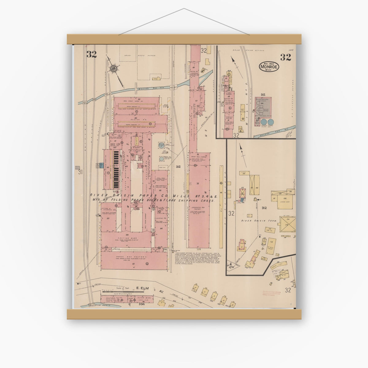 Old map wall art mockup — magnetic wood frame on white wall — Sanborn Fire Insurance Map from Monroe, Monroe County, Michigan (1922), Sheet #0032