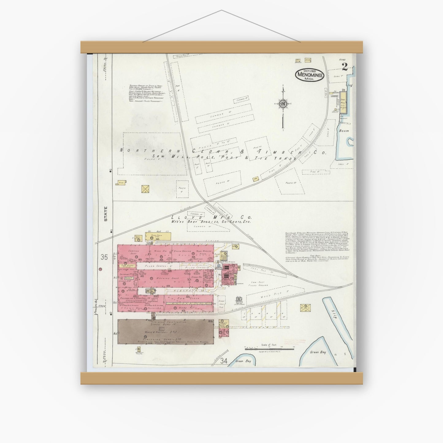 Old map wall art mockup — magnetic wood frame on white wall — Sanborn Fire Insurance Map from Menominee, Menominee County, Michigan (1921), Sheet #0002