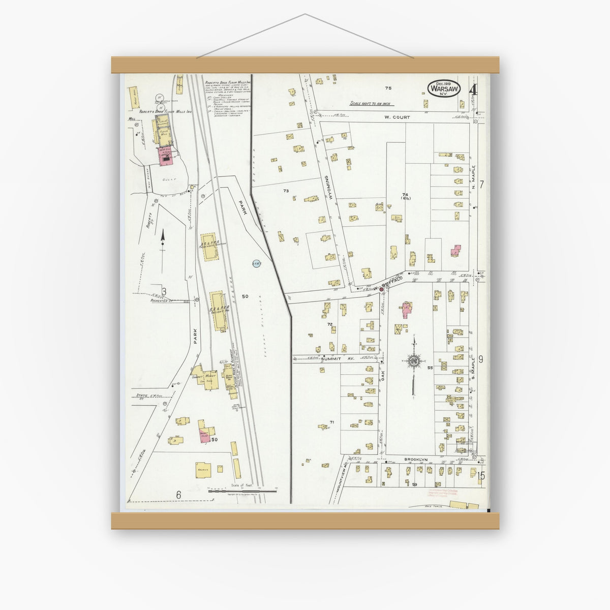 Old map wall art mockup — magnetic wood frame on white wall — Sanborn Fire Insurance Map from Warsaw, Wyoming County, New York (1919), Sheet #0004