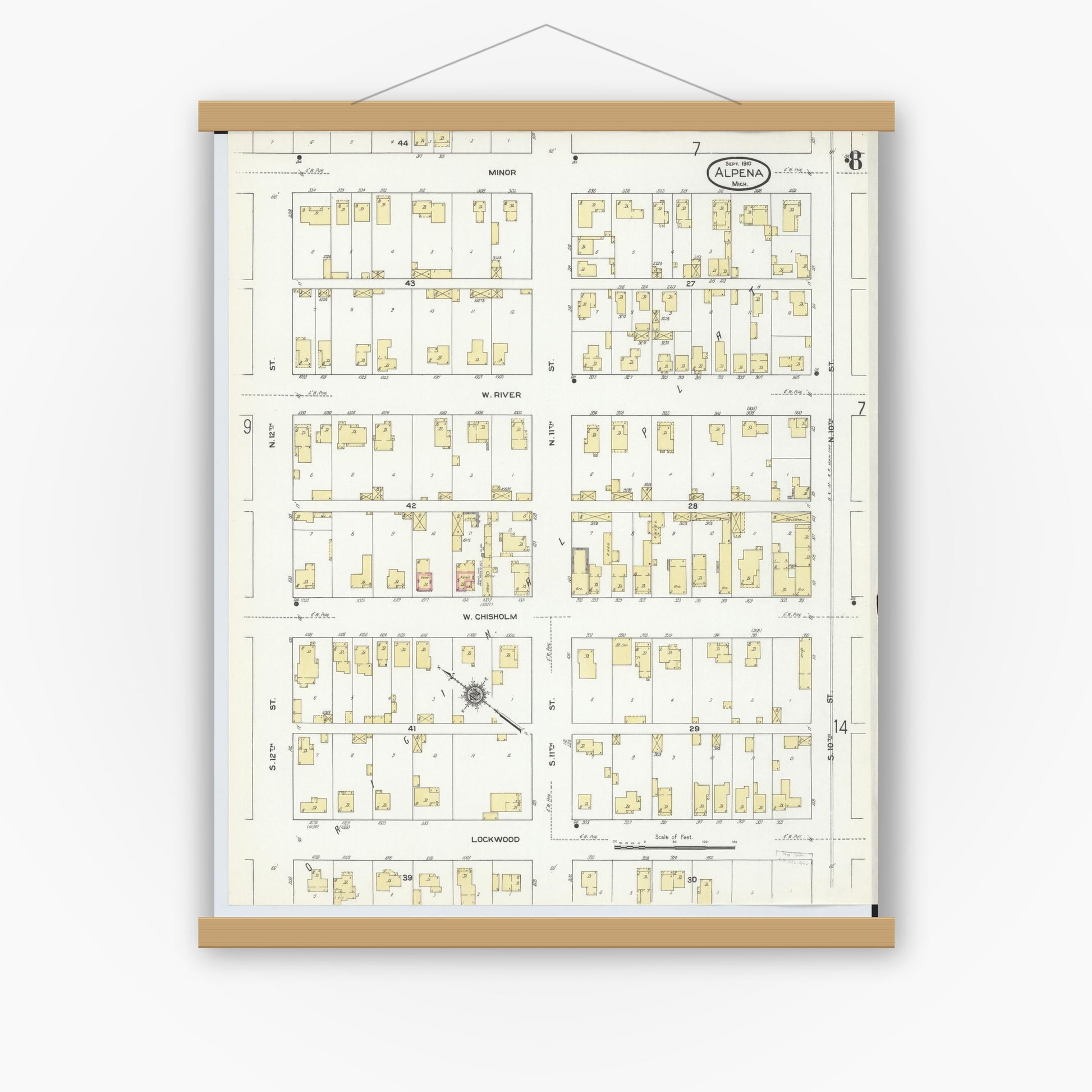 Old map wall art mockup — magnetic wood frame on white wall — Sanborn Fire Insurance Map from Alpena, Alpena County, Michigan (1910), Sheet #0008