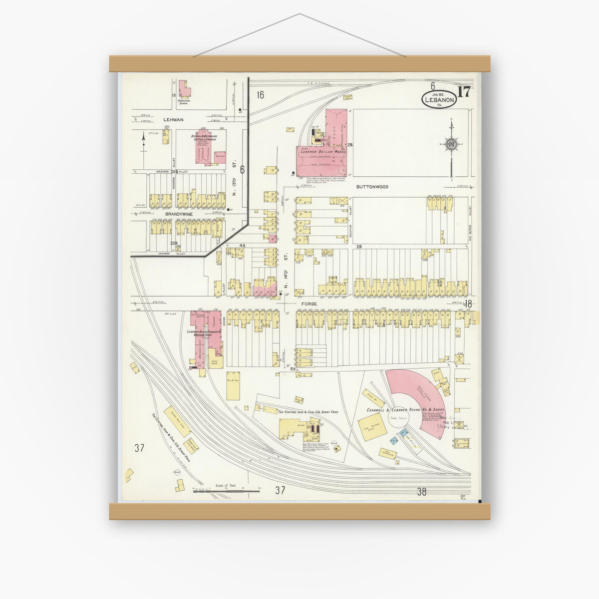 Old map wall art mockup — magnetic wood frame on white wall — Sanborn Fire Insurance Map from Lebanon, Lebanon County, Pennsylvania (1912), Sheet #0017