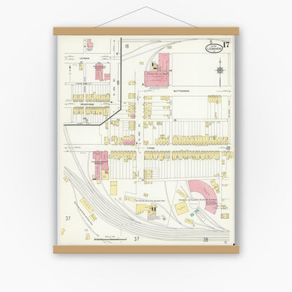 Old map wall art mockup — magnetic wood frame on white wall — Sanborn Fire Insurance Map from Lebanon, Lebanon County, Pennsylvania (1912), Sheet #0017