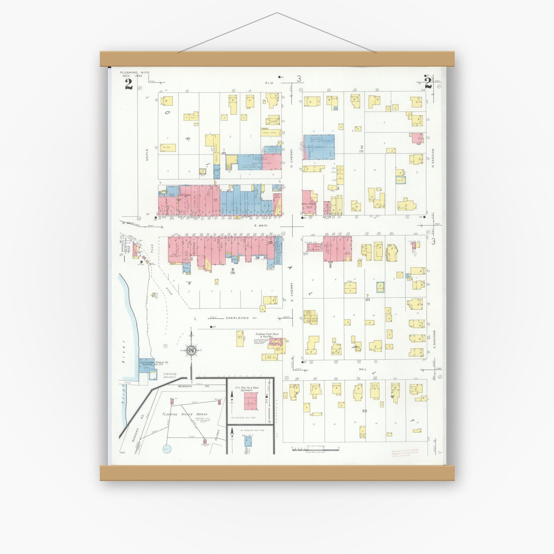Old map wall art mockup — magnetic wood frame on white wall — Sanborn Fire Insurance Map from Flushing, Genesee County, Michigan (1934), Sheet #0002
