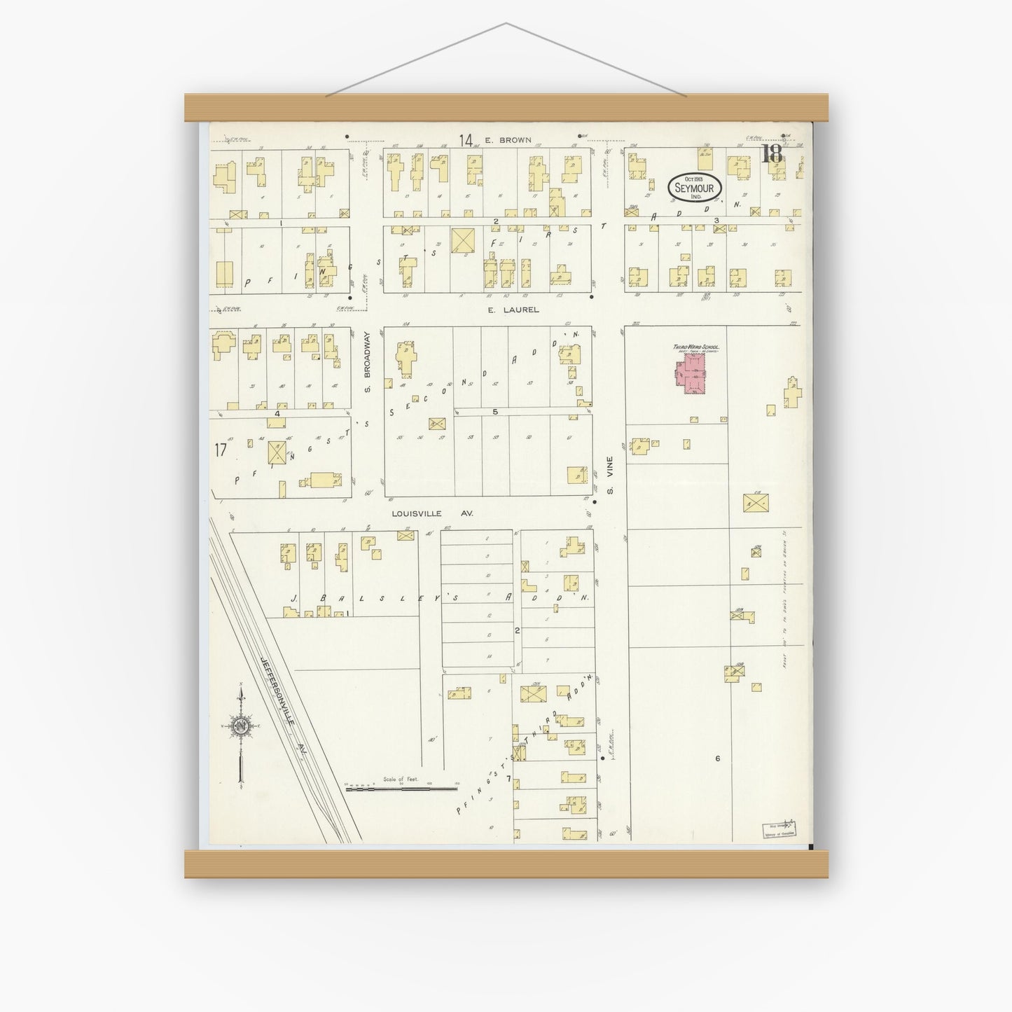 Old map wall art mockup — magnetic wood frame on white wall — Sanborn Fire Insurance Map from Seymour, Jackson County, Indiana (1913), Sheet #0018