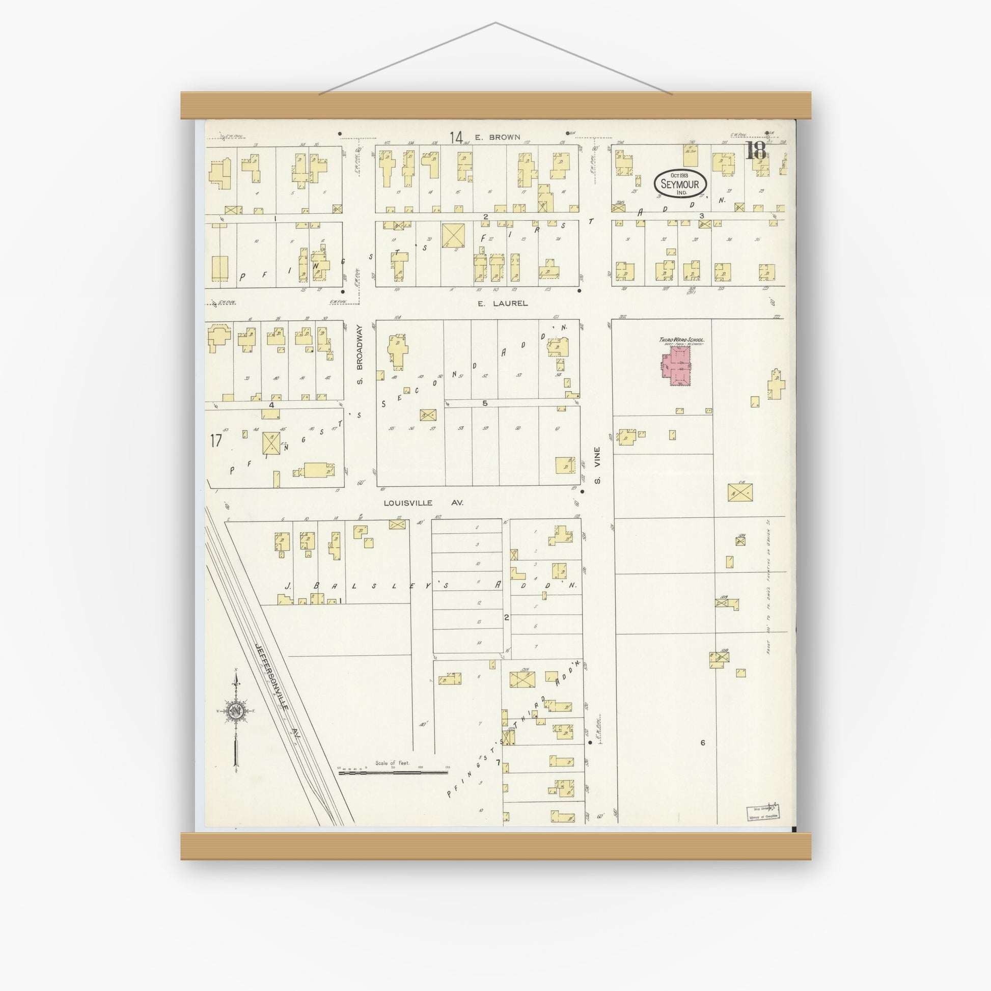 Old map wall art mockup — magnetic wood frame on white wall — Sanborn Fire Insurance Map from Seymour, Jackson County, Indiana (1913), Sheet #0018