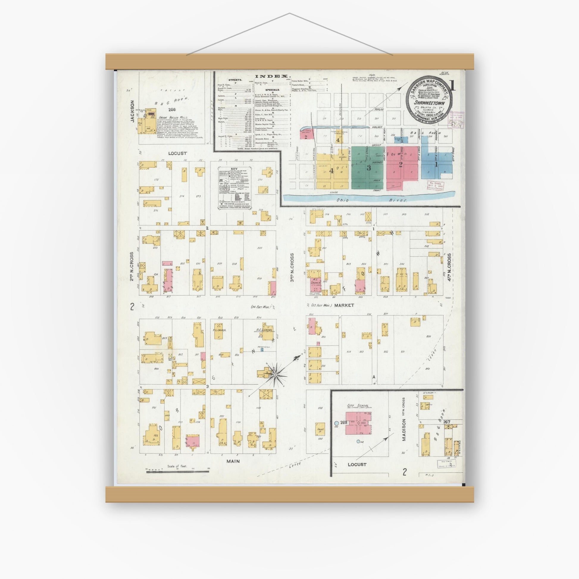 Old map wall art mockup — magnetic wood frame on white wall — Sanborn Fire Insurance Map from Shawneetown, Gallatin County, Illinois (1906) - Complete Map Set
