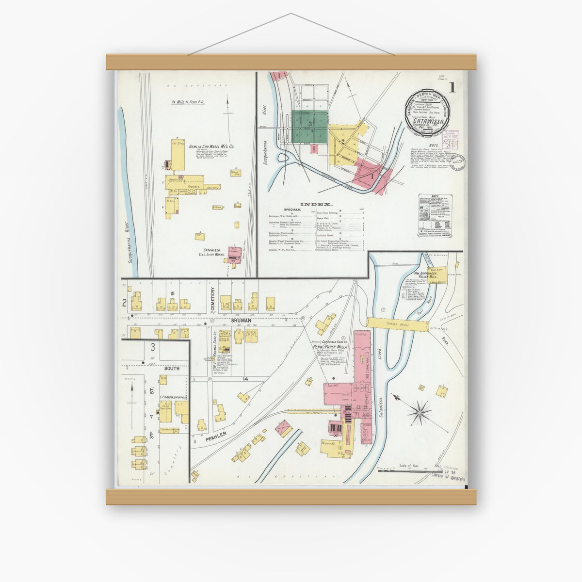 Old map wall art mockup — magnetic wood frame on white wall — Sanborn Fire Insurance Map from Catawissa, Columbia County, Pennsylvania (1901) - Complete Map Set