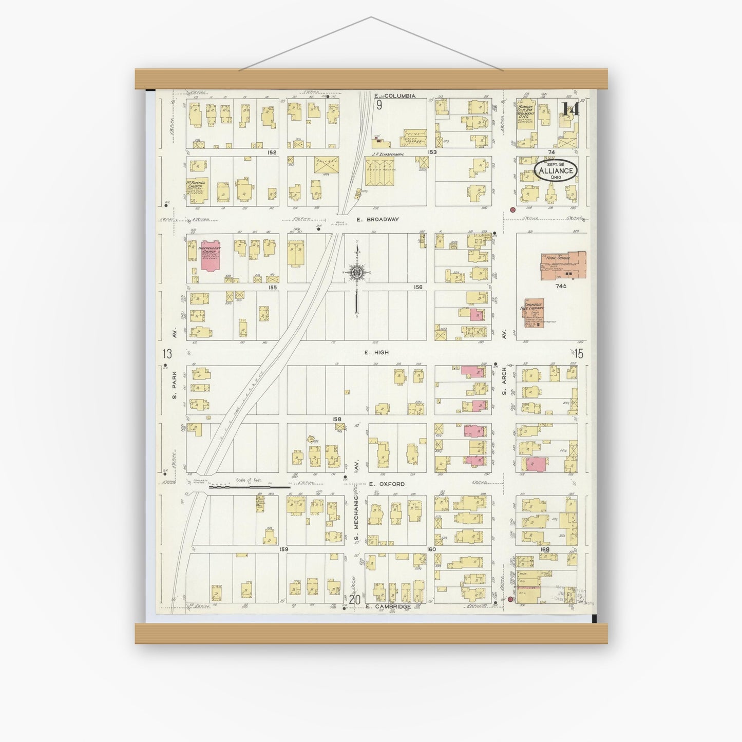 Old map wall art mockup — magnetic wood frame on white wall — Sanborn Fire Insurance Map from Alliance, Stark County, Ohio (1911), Sheet #0014