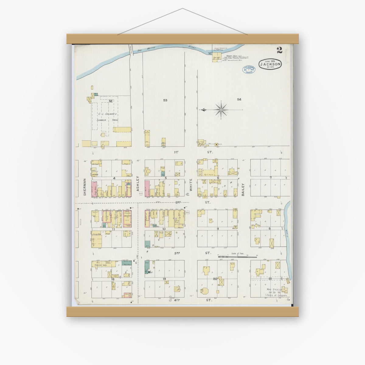 Old map wall art mockup — magnetic wood frame on white wall — Sanborn Fire Insurance Map from Jackson, Jackson County, Minnesota (1894), Sheet #0002