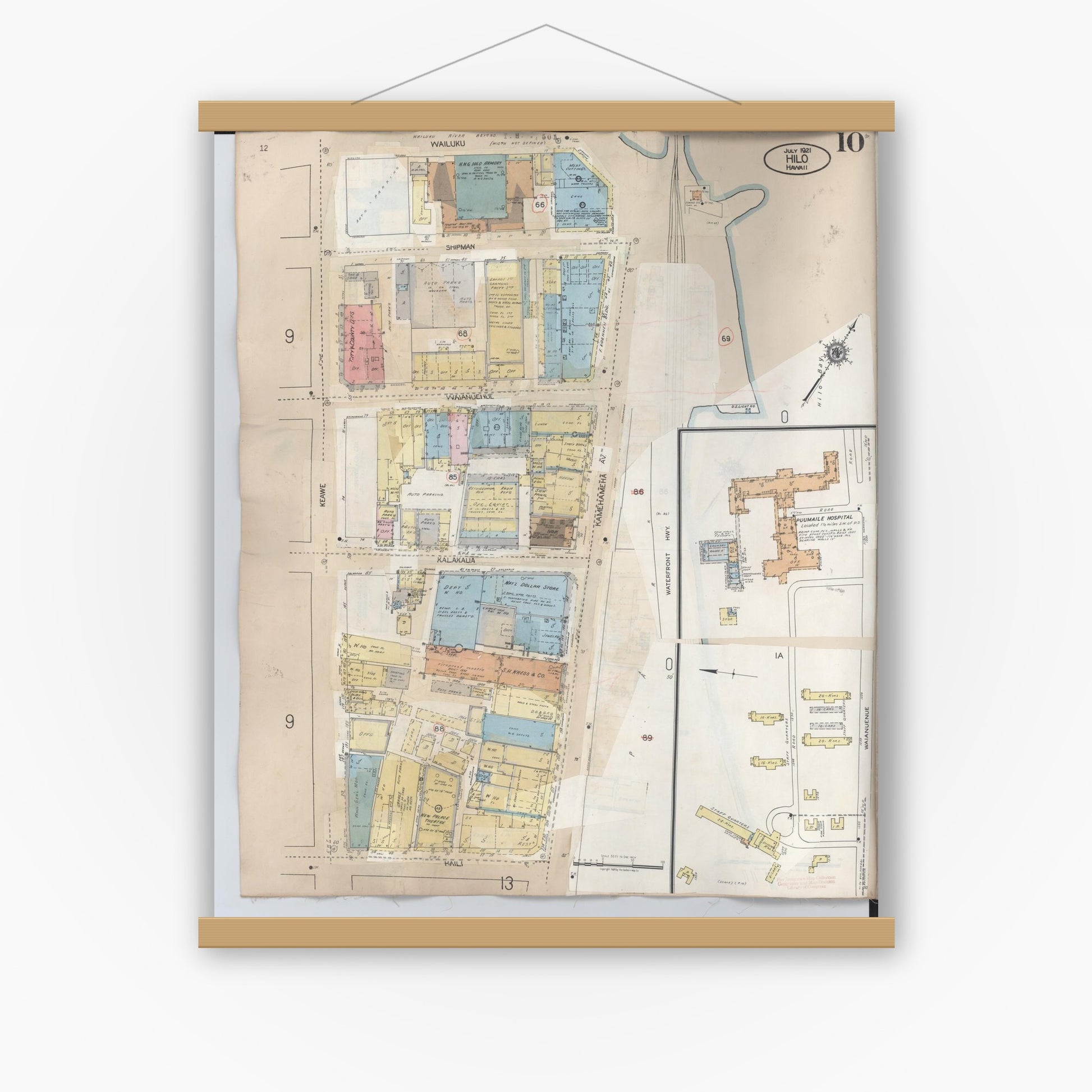 Old map wall art mockup — magnetic wood frame on white wall — Sanborn Fire Insurance Map from Hilo, Hawaii County, Hawaii (1957), Sheet #0010