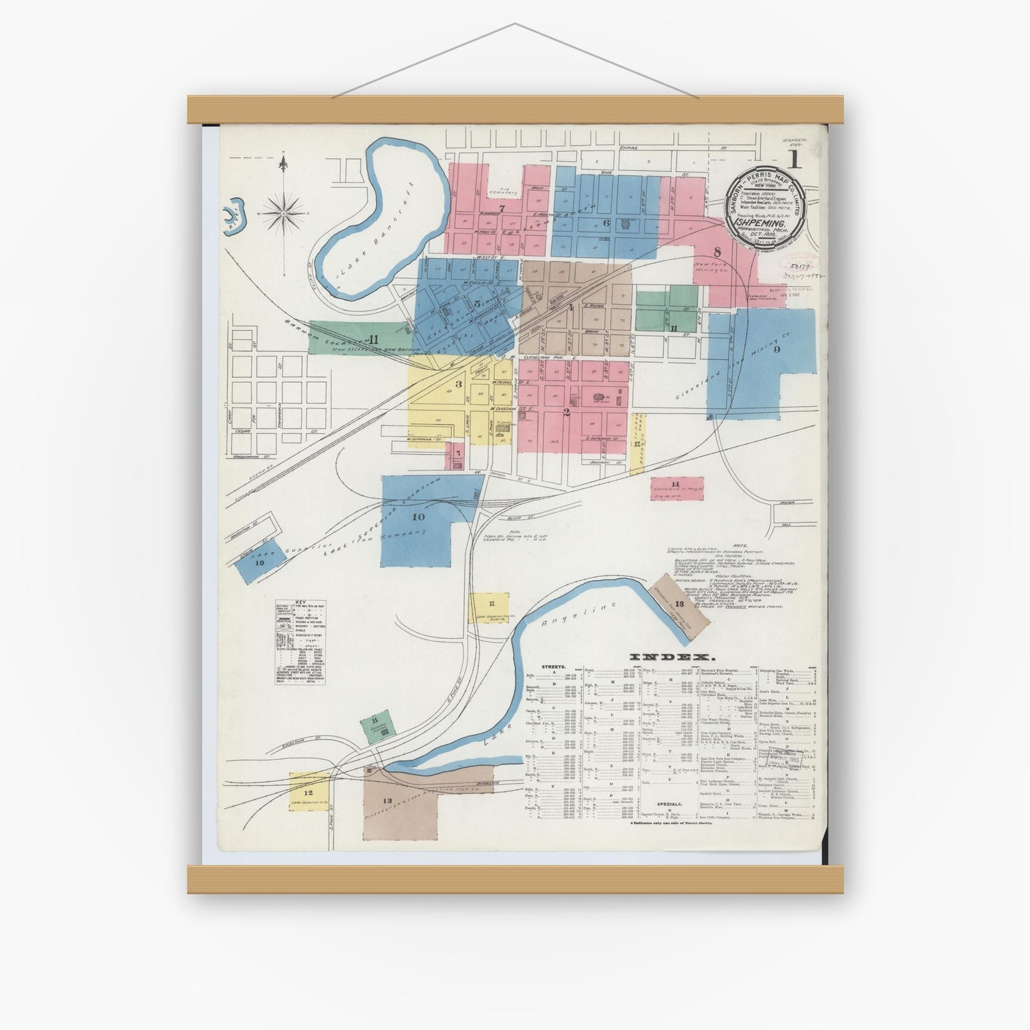 Old map wall art mockup — magnetic wood frame on white wall — Sanborn Fire Insurance Map from Ishpeming, Marquette County, Michigan (1892) - Complete Map Set