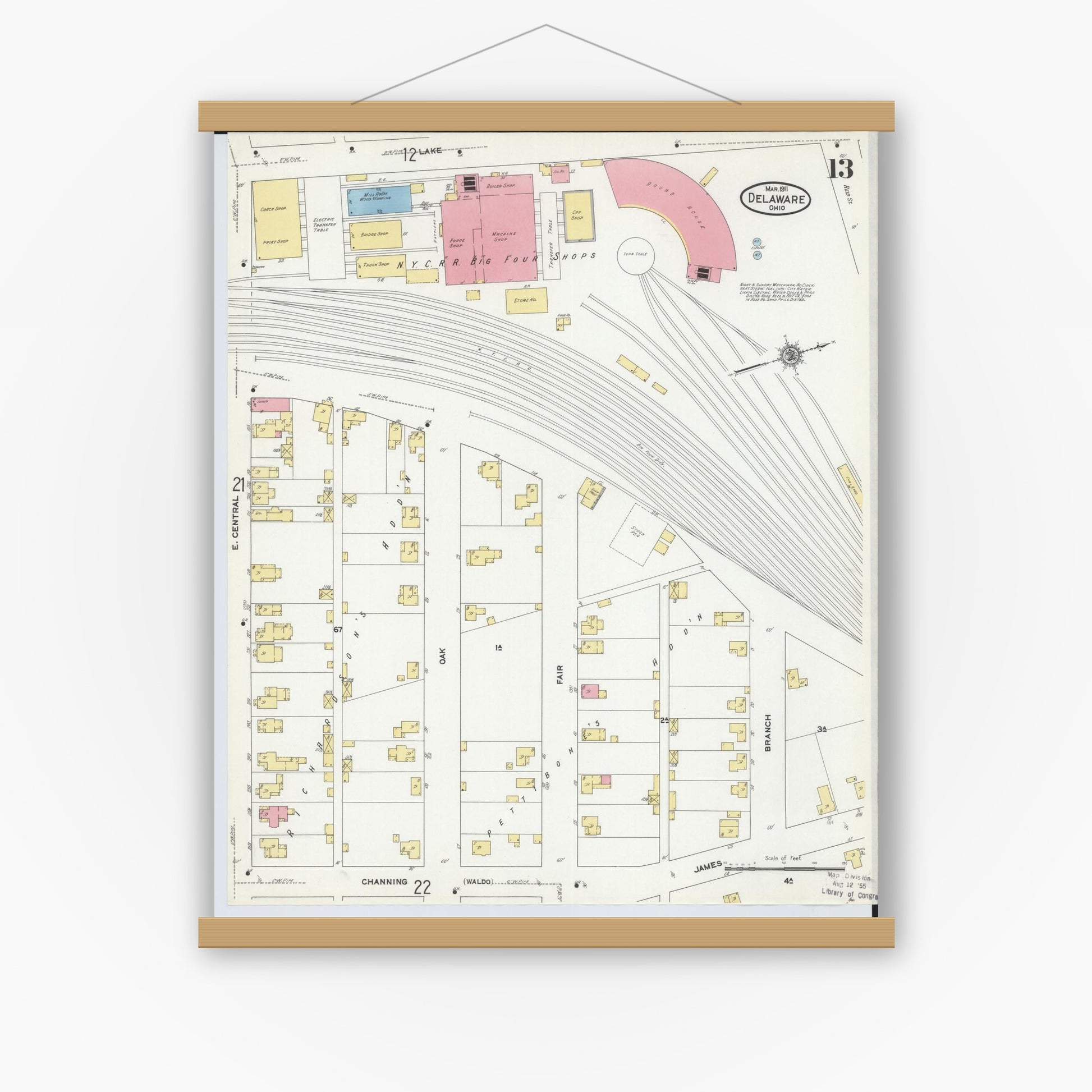 Old map wall art mockup — magnetic wood frame on white wall — Sanborn Fire Insurance Map from Delaware, Delaware County, Ohio (1911), Sheet #0013
