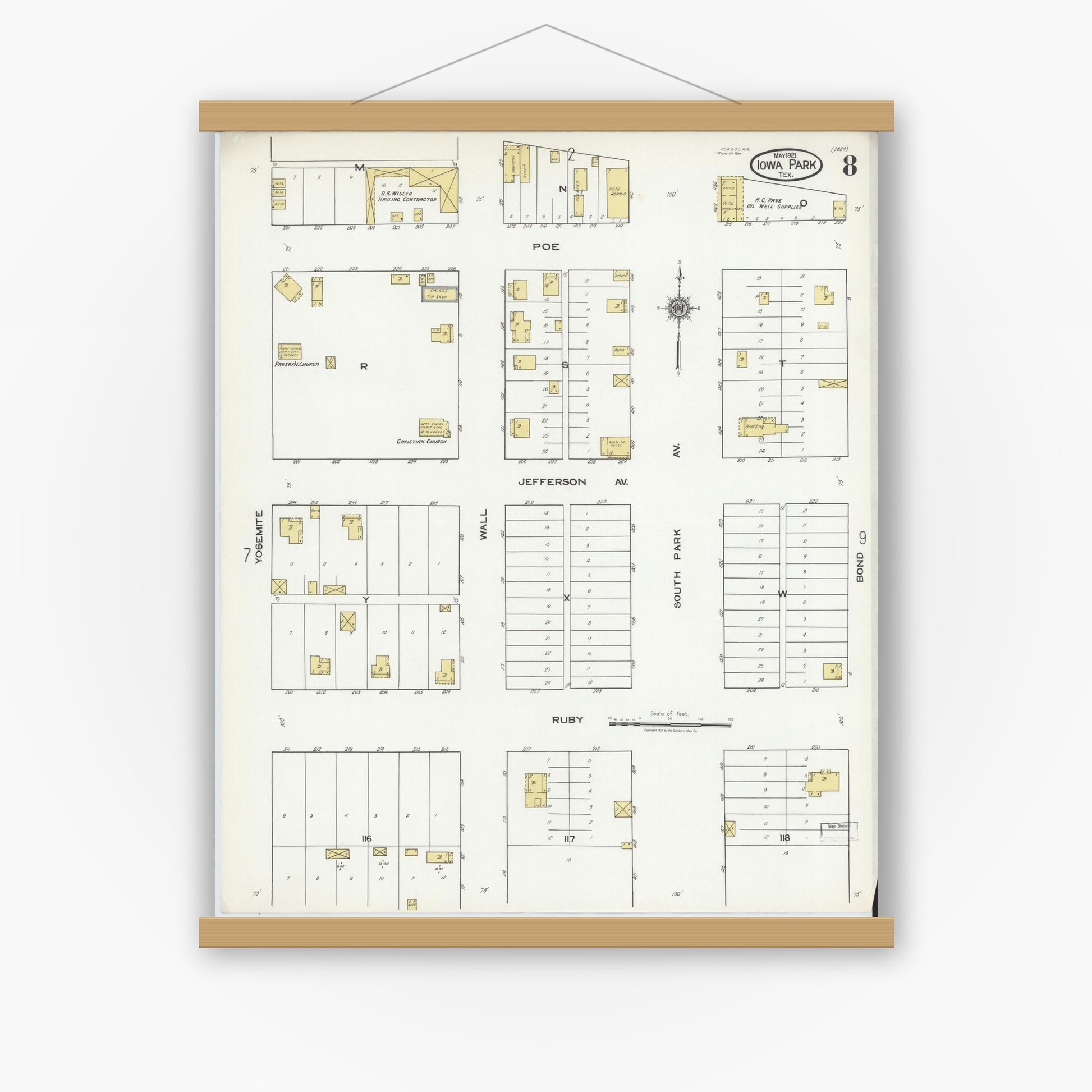 Old map wall art mockup — magnetic wood frame on white wall — Sanborn Fire Insurance Map from Iowa Park, Wichita County, Texas (1921), Sheet #0008