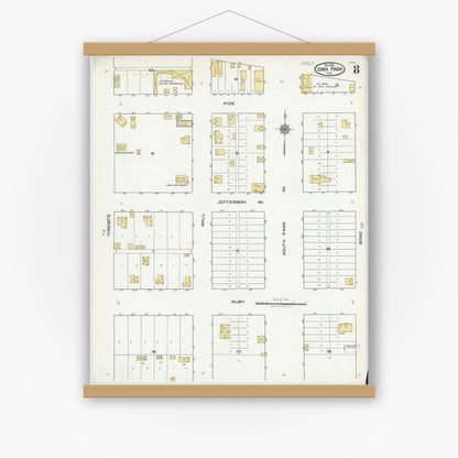 Old map wall art mockup — magnetic wood frame on white wall — Sanborn Fire Insurance Map from Iowa Park, Wichita County, Texas (1921), Sheet #0008