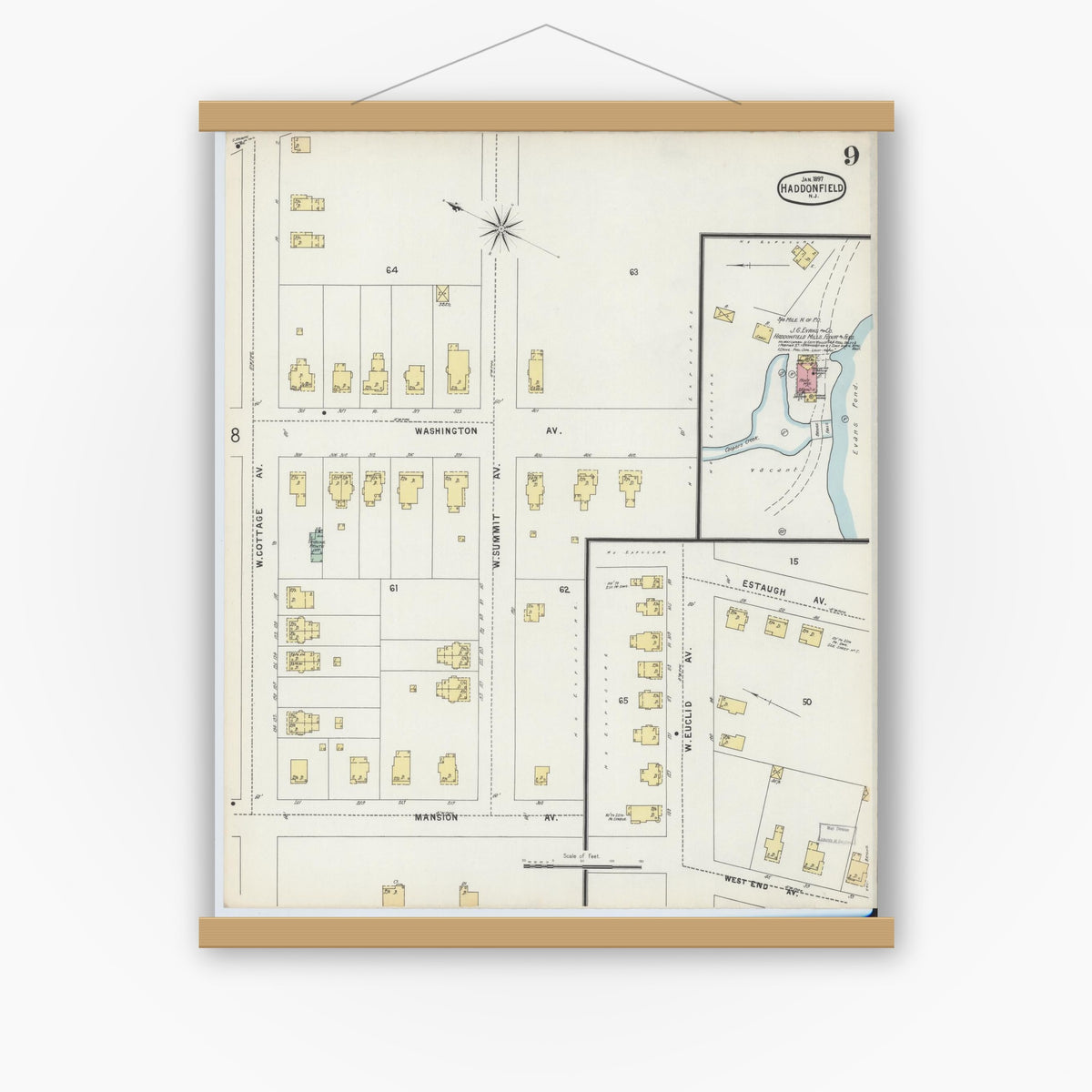 Old map wall art mockup — magnetic wood frame on white wall — Sanborn Fire Insurance Map from Haddonfield, Camden County, New Jersey (1897), Sheet #0009