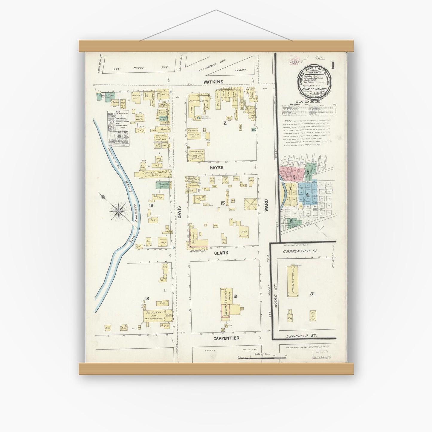 Old map wall art mockup — magnetic wood frame on white wall — Sanborn Fire Insurance Map from San Leandro, Alameda County, California (1890) - Complete Map Set
