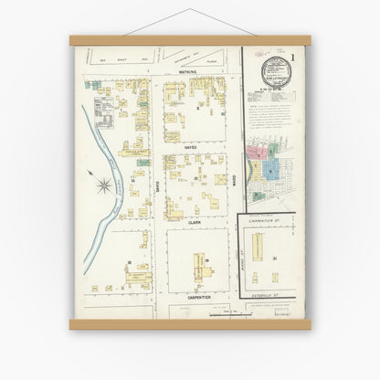 Old map wall art mockup — magnetic wood frame on white wall — Sanborn Fire Insurance Map from San Leandro, Alameda County, California (1890) - Complete Map Set