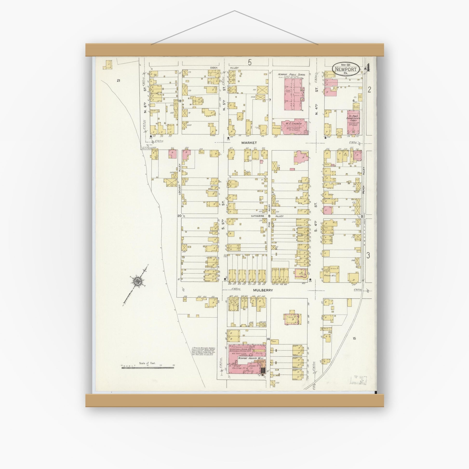 Old map wall art mockup — magnetic wood frame on white wall — Sanborn Fire Insurance Map from Newport, Perry County, Pennsylvania (1911), Sheet #0004