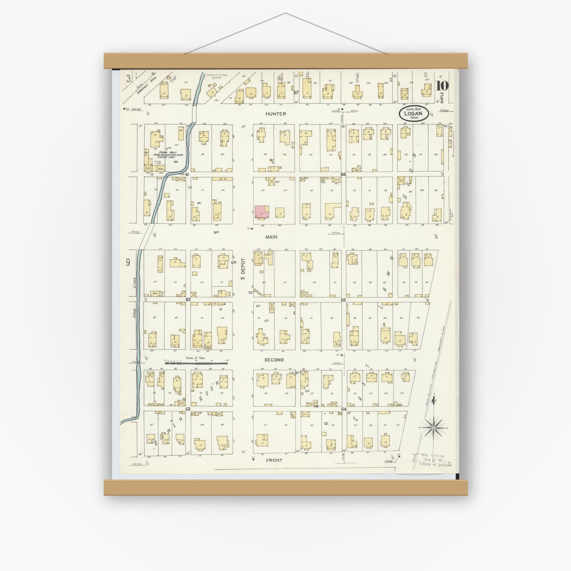 Old map wall art mockup — magnetic wood frame on white wall — Sanborn Fire Insurance Map from Logan, Hocking County, Ohio (1907), Sheet #0010