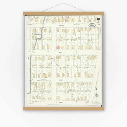 Old map wall art mockup — magnetic wood frame on white wall — Sanborn Fire Insurance Map from Logan, Hocking County, Ohio (1907), Sheet #0010