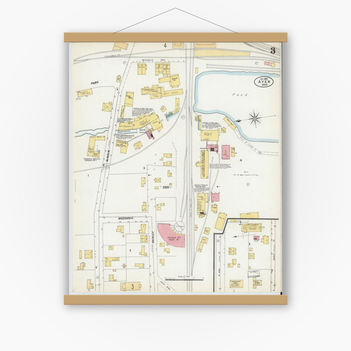 Old map wall art mockup — magnetic wood frame on white wall — Sanborn Fire Insurance Map from Ayer, Middlesex County, Massachusetts (1902), Sheet #0003