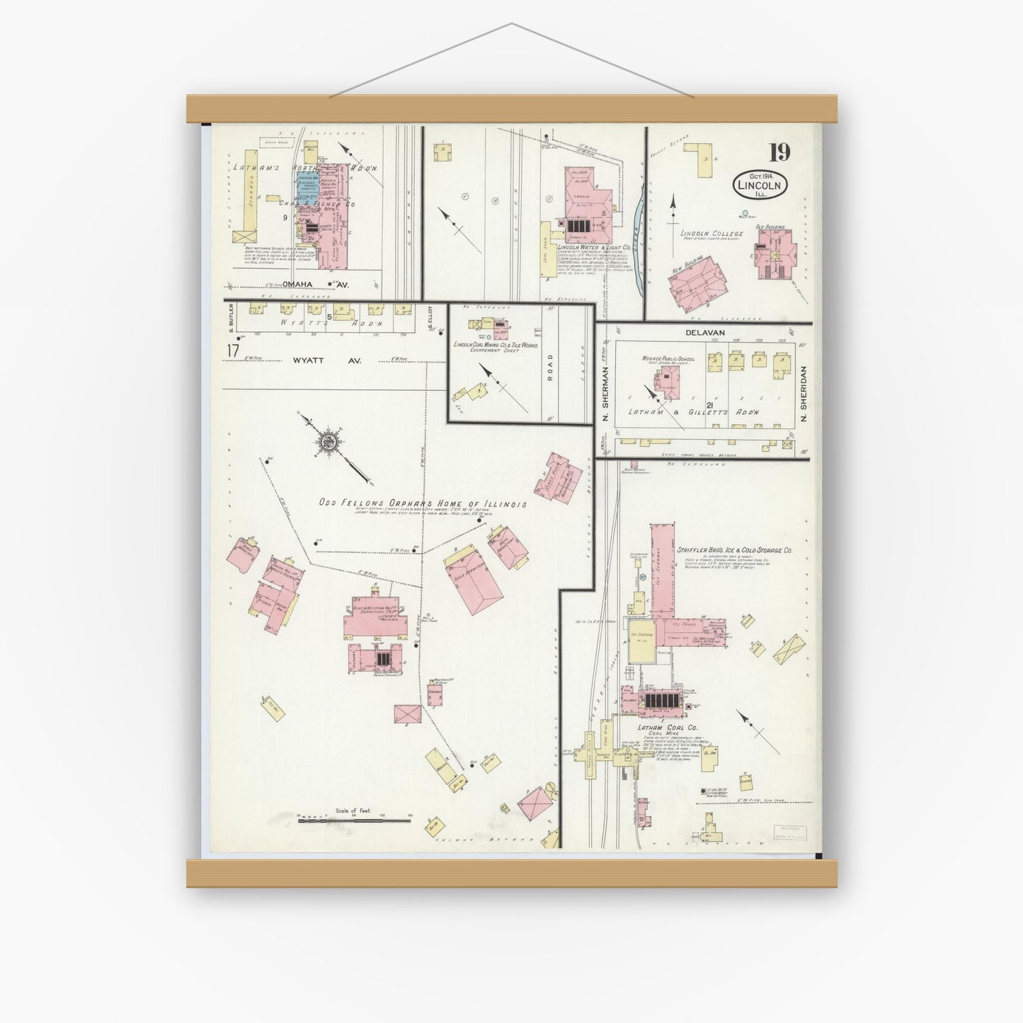 Old map wall art mockup — magnetic wood frame on white wall — Sanborn Fire Insurance Map from Lincoln, Logan County, Illinois (1914), Sheet #0019