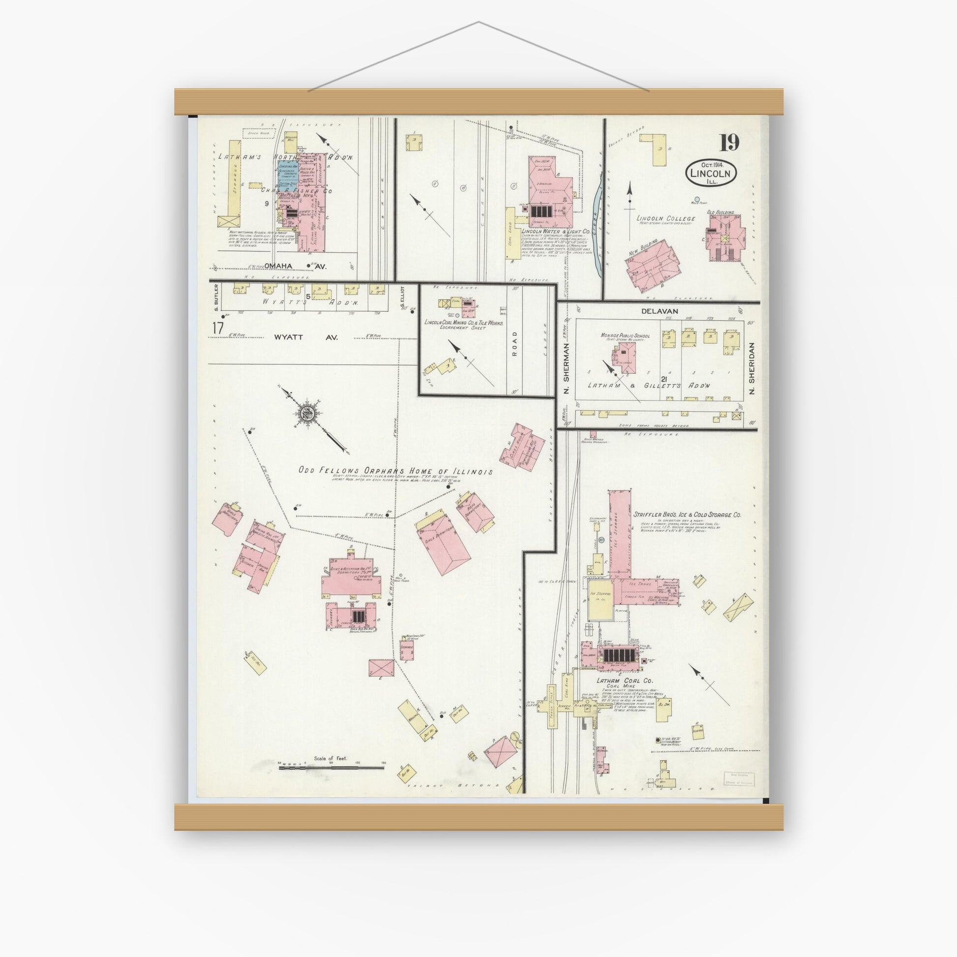 Old map wall art mockup — magnetic wood frame on white wall — Sanborn Fire Insurance Map from Lincoln, Logan County, Illinois (1914), Sheet #0019
